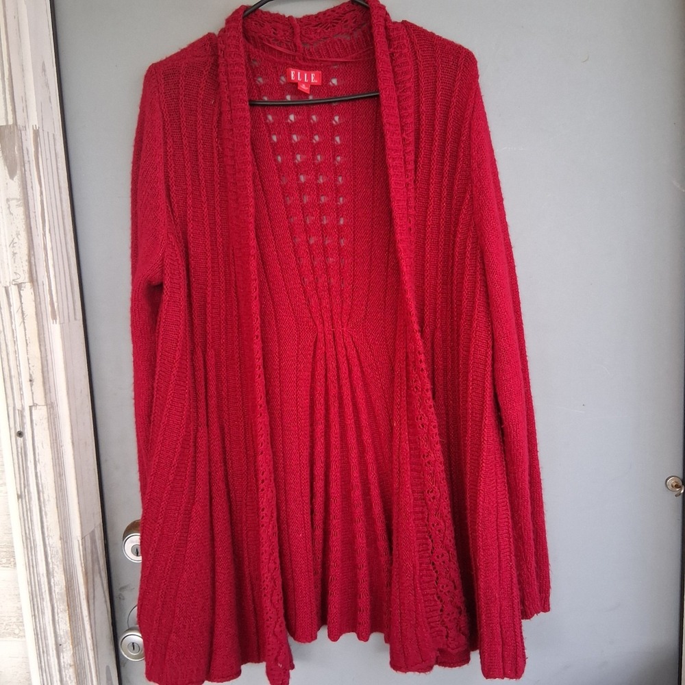 Ladies Long Draped Knit Red Cardigan XL Cinched Waist - Picture 2 of 4